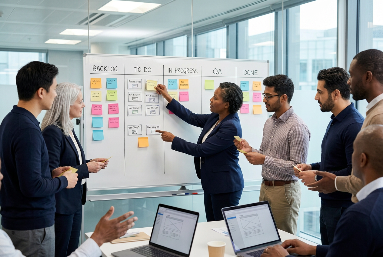 Diverse agile software team planning work around a sprint board